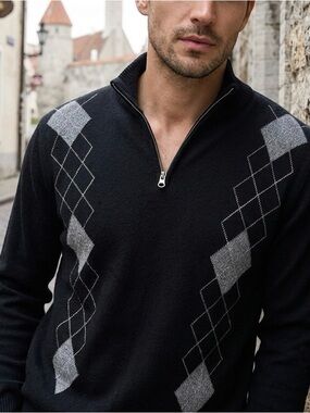 Geoffrey Beene Men's Black Quarter Zip Argyle Sweater Size Small
